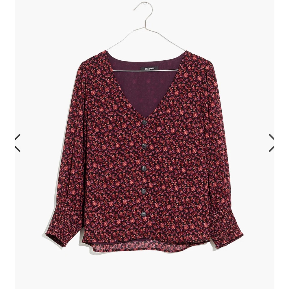 Madewell (Re)sourced Georgette Smocked-Cuff Button-Front Top in Orchard Floral